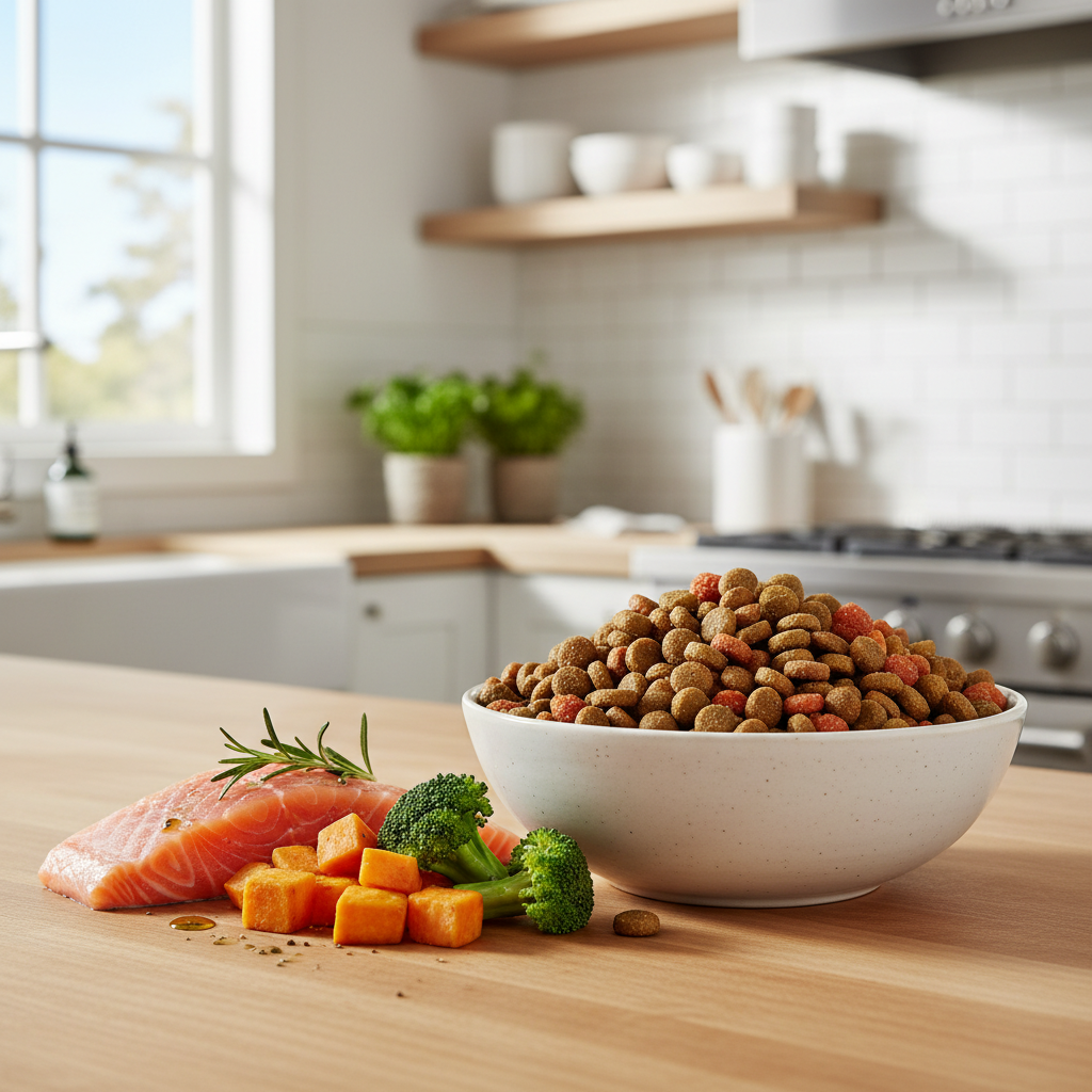 고급스러운 세라믹 그릇에 담긴 프리미엄 유기농 사료와 그 옆에 신선한 연어, 고구마, 브로콜리가 놓여 있는 고해상도 클로즈업 사진, 자연광이 비치는 밝고 깨끗한 주방 배경.