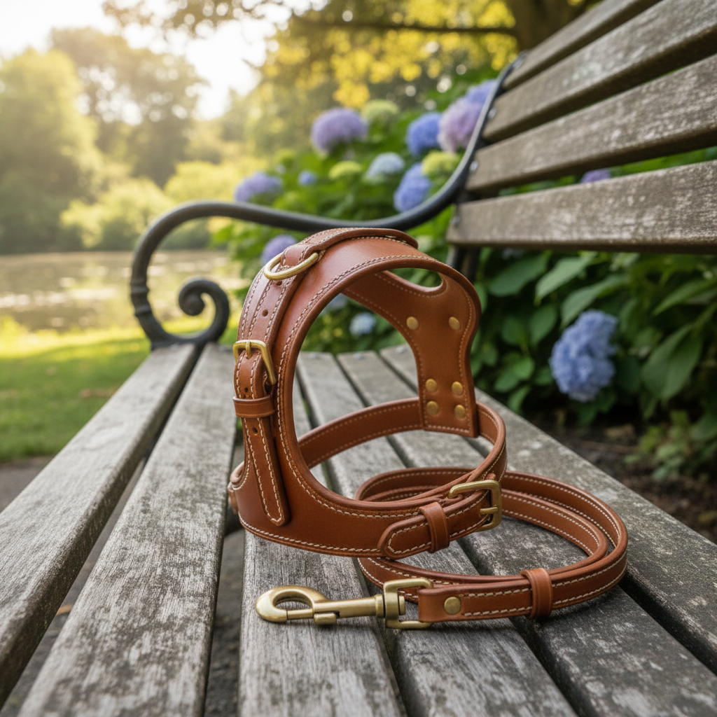 세련된 가죽 소재의 강아지 하네스와 리드줄 세트가 빈티지한 나무 벤치 위에 놓여 있는 모습, 아웃포커싱된 평화로운 공원 배경과 정교한 스티치 디테일 강조.